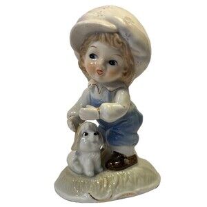 Vintage Porcelain Girl with Puppy Figurine – Blue Overalls & Bonnet